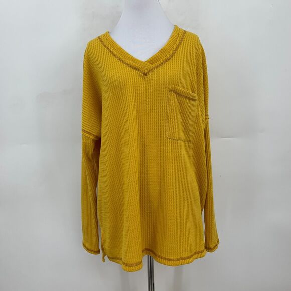 Reb. in J. 220 Kendra Sweater Womens XL Mustard Waffle Knit Drop Shoulder V Neck - Picture 2 of 10